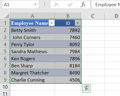 Selected table in example worksheet