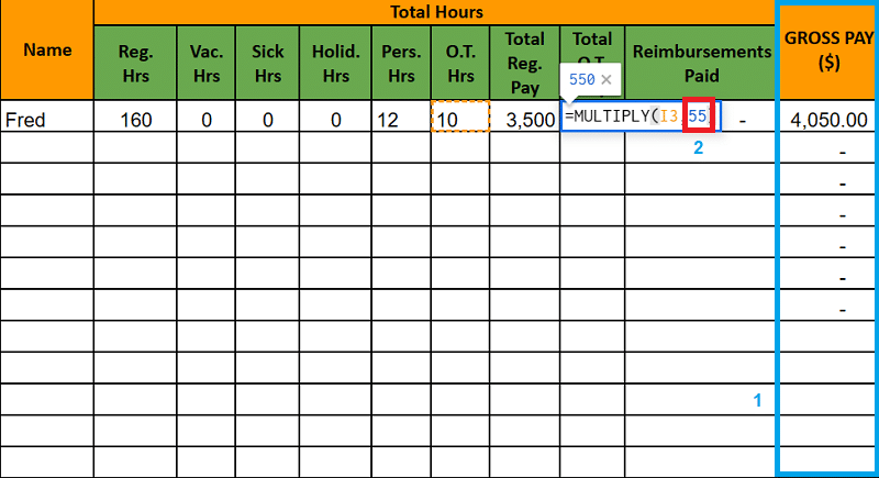 Gross pay calculation in Google Sheets employee template