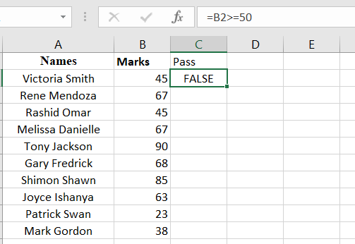 A false result from using the greater than or equal to operator