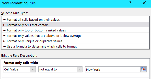 Adding a new rule for "New York" in Excel