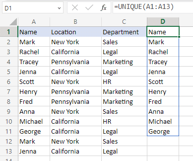 A new list of unique values to check duplicates next to the initial data points