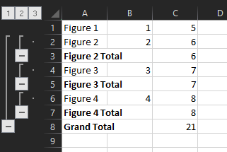 Subtotaled collapsed rows in Excel