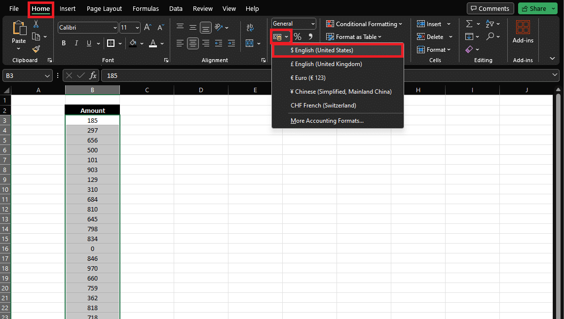 Excel accounting number format using the ribbon