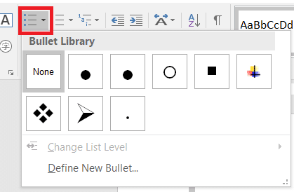 Bullet point icon in the Word Home tab