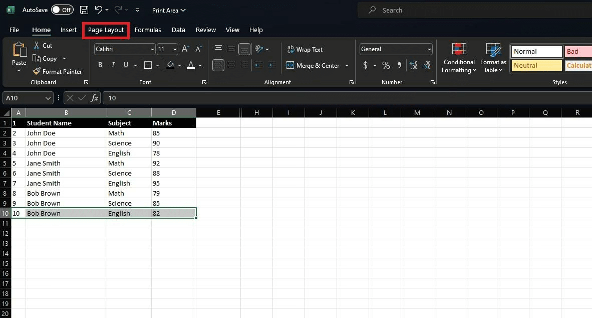 Click on Page Layout in Excel