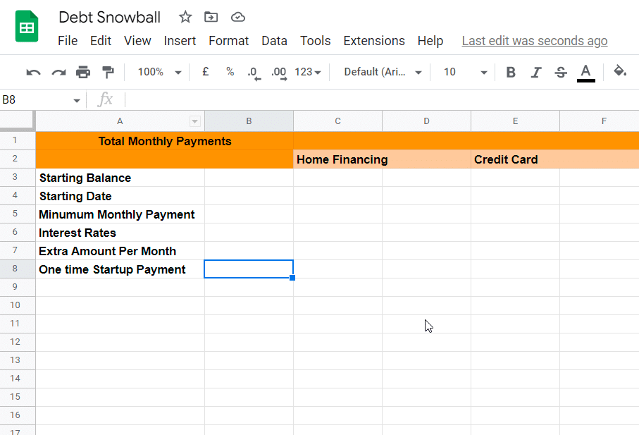 Costs heading for a debt snowball spreadsheet