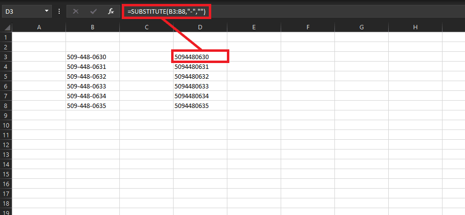 How to remove dashes in Excel—example table using the SUBSTITUTE formula