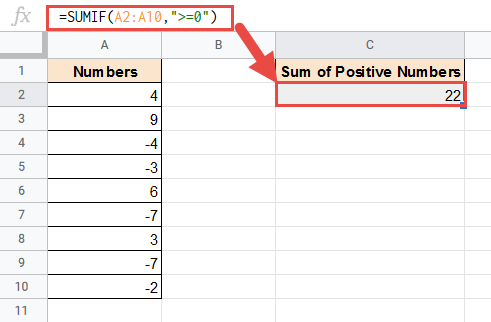 Example of SUMIF in Google Sheets