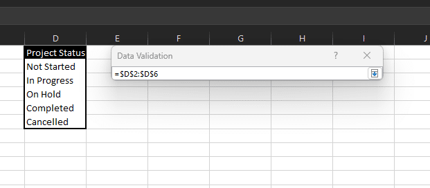 Project status with Data validation formula in Excel