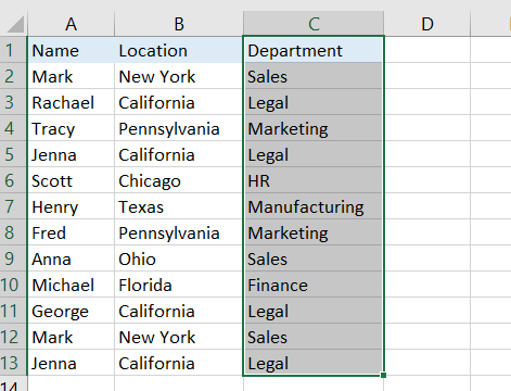 Cells C1:C13 selected in the data set