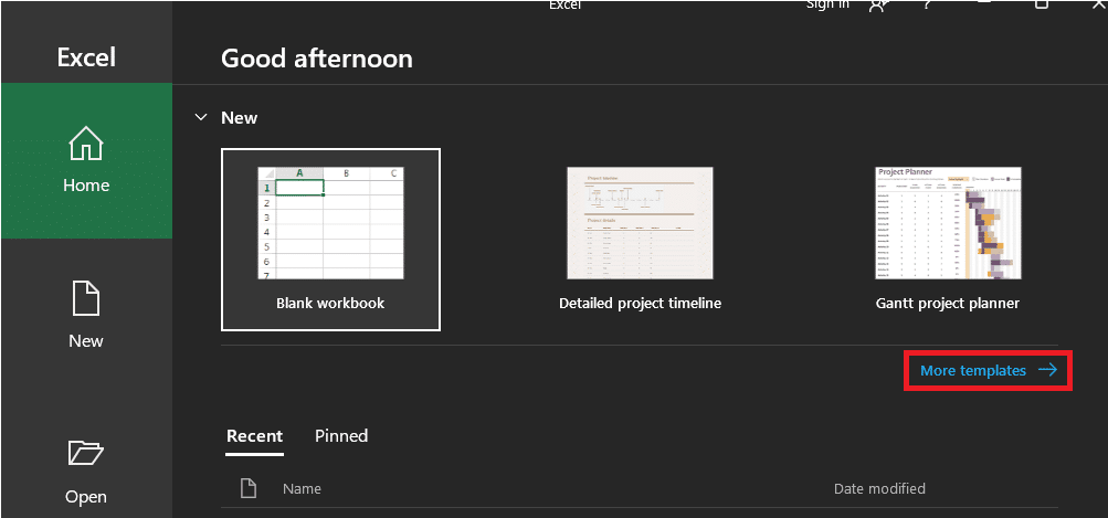 Excel project management templates—Click on More Templates