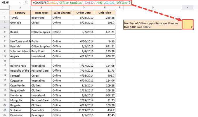 =COUNTIFS(B2:B22,"Office Supplies",E2:E22,">100",C2:C22,"Offline")