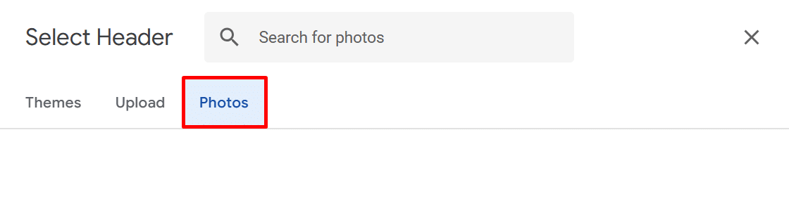 "Photos" tab in the "Select Header" panel in Google Forms