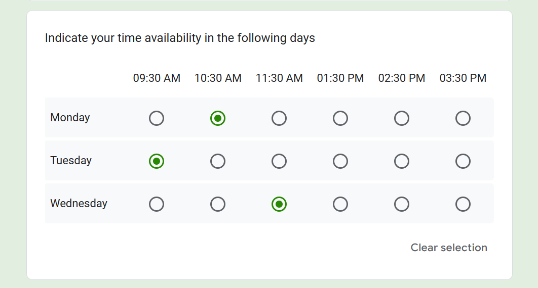 Selecting time slots per day in a multiple choice grid