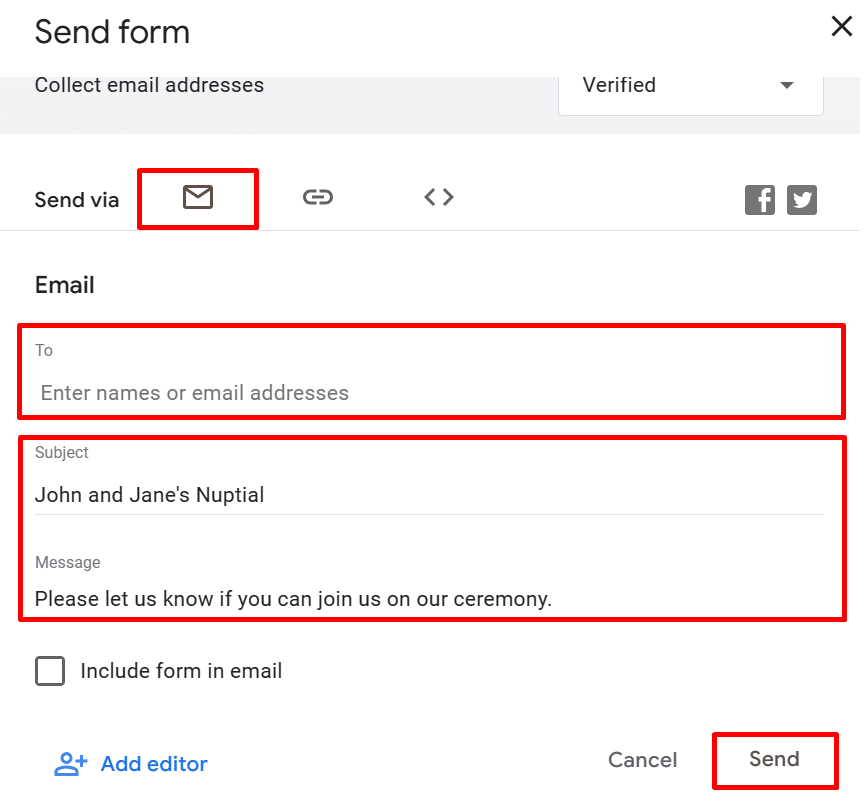 Sending an RSVP Google Form through email