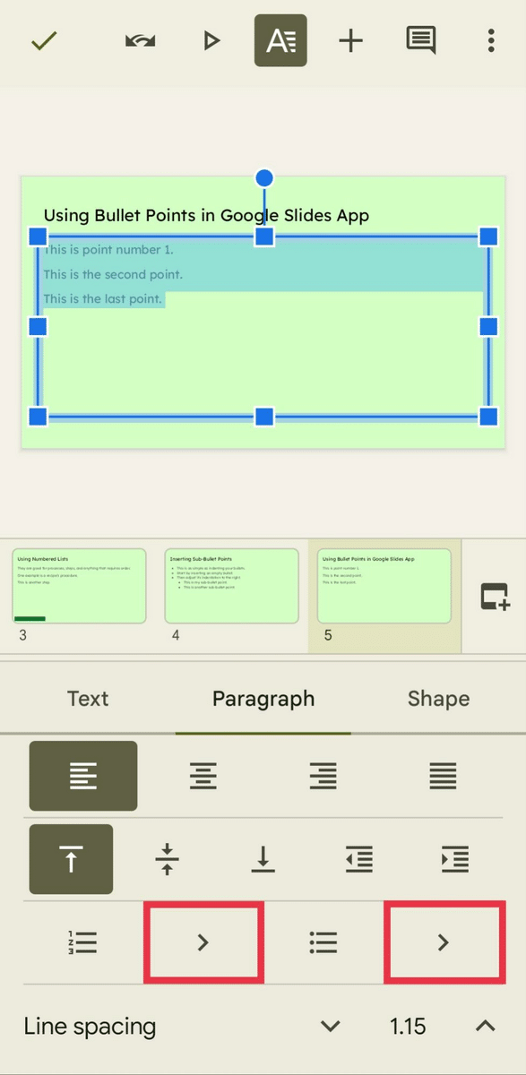 Bulleted list option in Google Slides on mobile