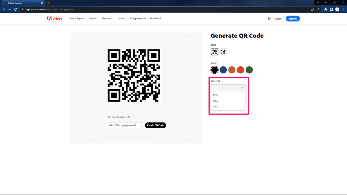 File type options in Adobe Express QR Code Generator