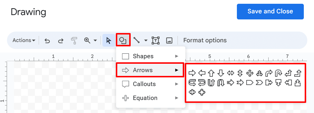 Inserting an arrow shape in a Google drawing