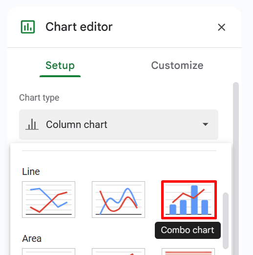 Changing the chart type to a "Combo chart" in Google Sheets