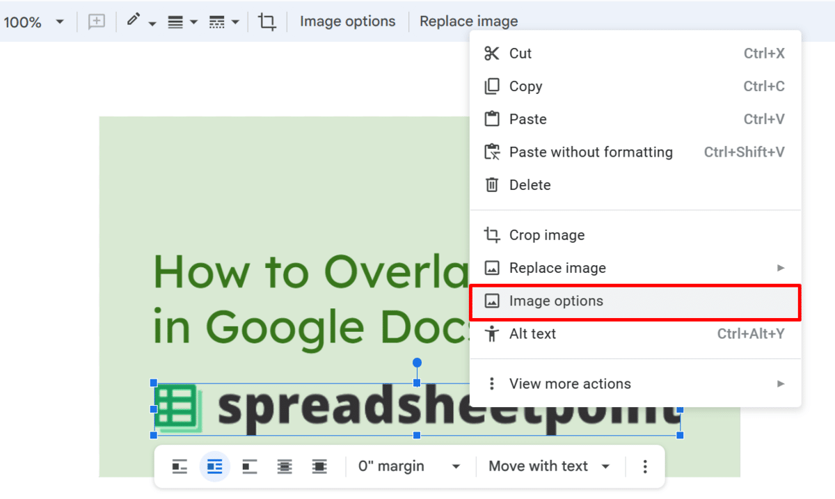 The "Image options" in context menu in Google Docs