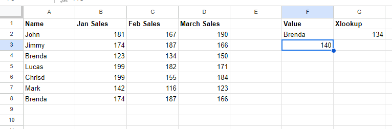 Example spreadsheet for XLOOKUP function in Google Sheets approximate match