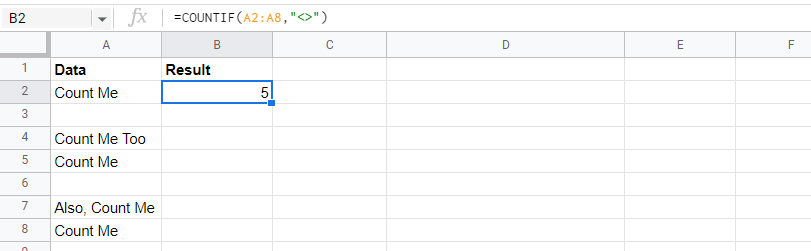 COUNTIF not empty cells in google sheets