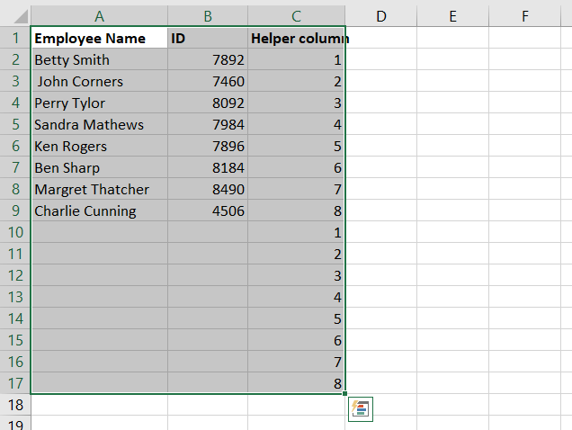 Example worksheet with highlighted data range.