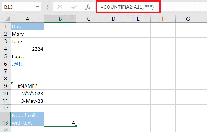 Results of the COUNTIF function