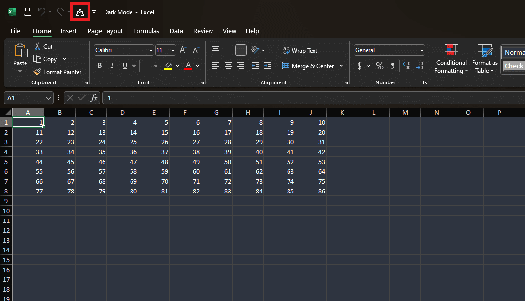 Quick access menu Excel dark mode