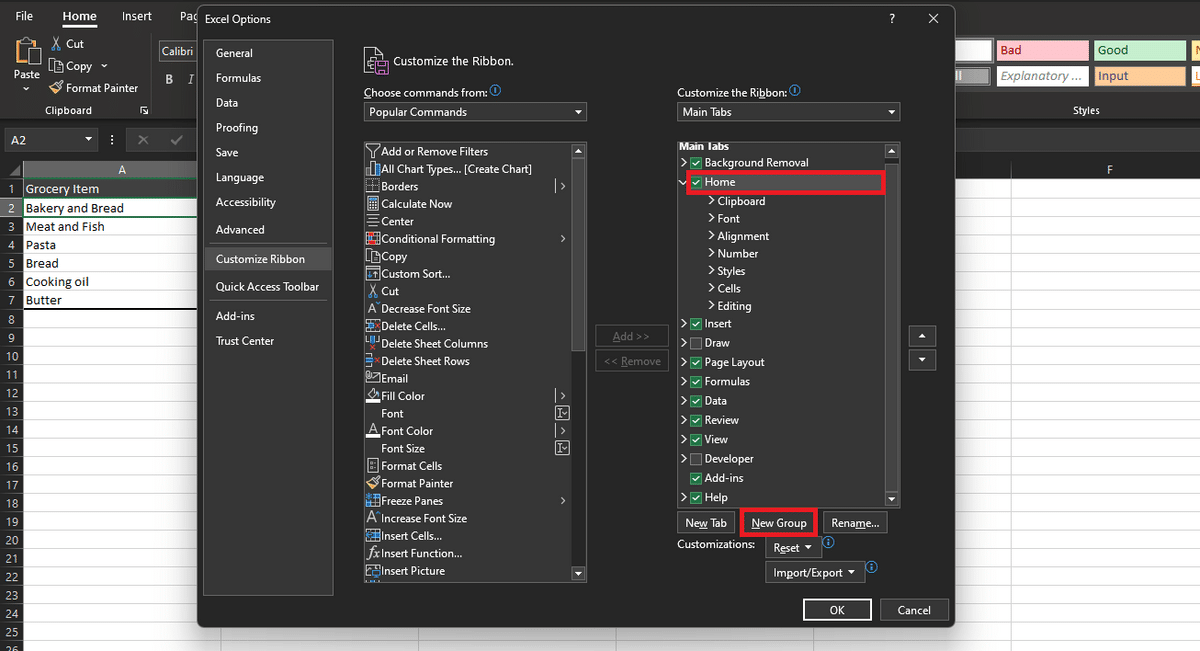 Customize the Ribbon option in Excel