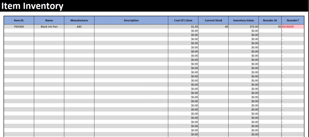 Excel inventory template—item inventory