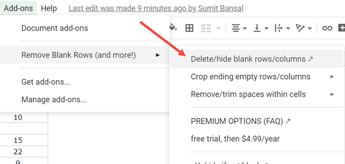 Click on Delete Hide blank rows and columns option