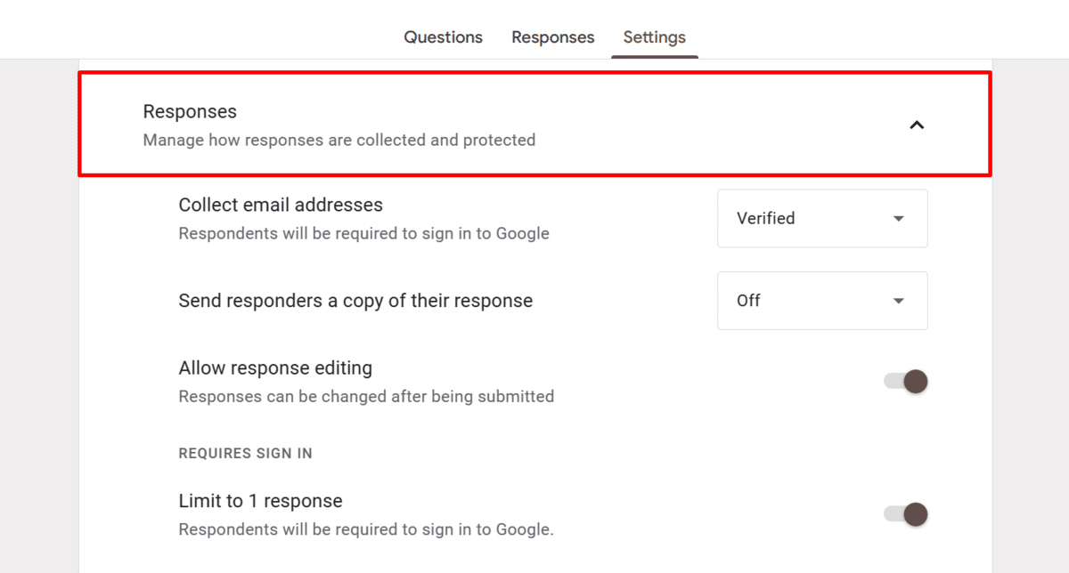 Response settings in a Google Form