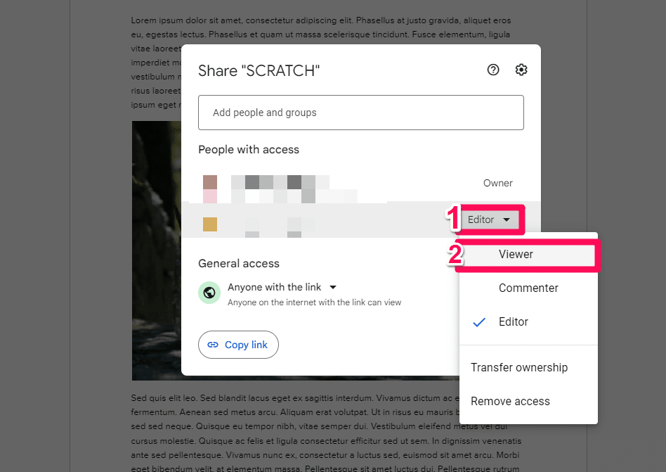 Google Docs change editor to viewer role