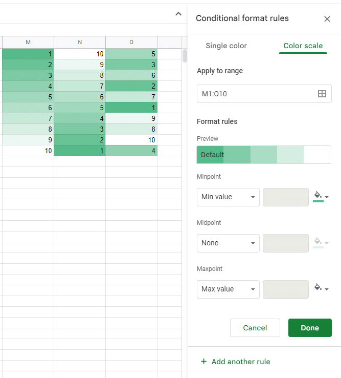 Color scale conditional formatting in Google Sheets