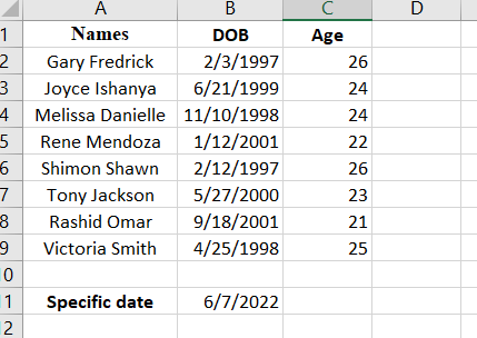 An example spreadsheet to calculate age from a specific date