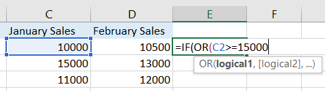 Select the first cell and add the first condition. In our example we’ll be using greater than equal to (>=) 15000.