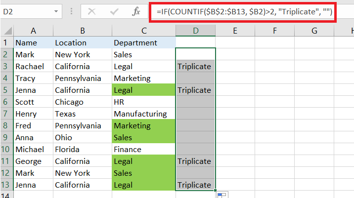 Triplicates highlighted in Excel worksheet