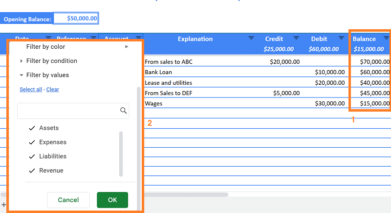 Ledger template filters and balance column in Google Sheets