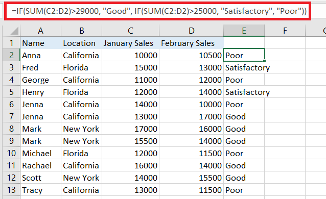 Excel table using the SUM function with IF statements with multiple conditions.