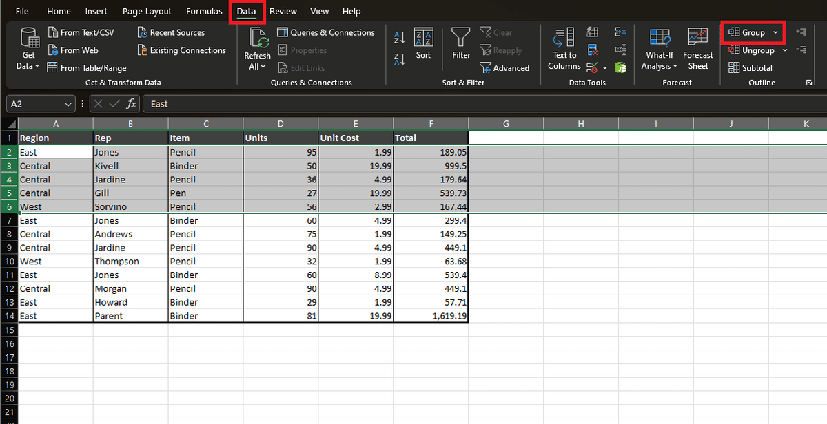 Highlighted rows in an Excel spreadsheet