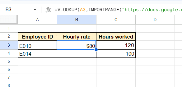 Example showing VLOOKUP results in Google Sheets