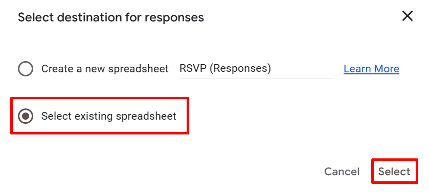 Selecting an existing spreadsheet as a form response destination