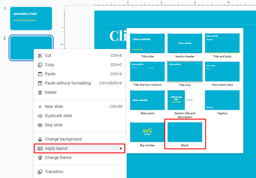 How to apply a blank layout on Google Slides