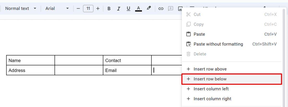 Where to find the "insert row below" option in Google Docs