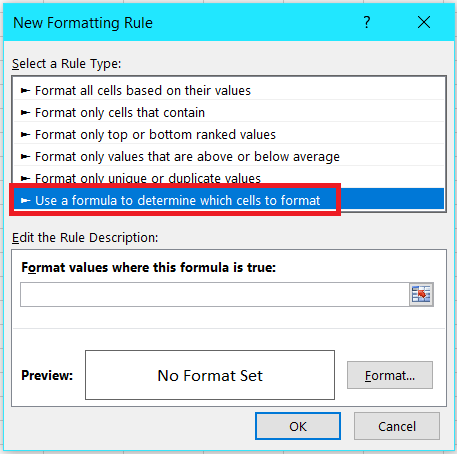 formula in the text box for conditional formatting rule