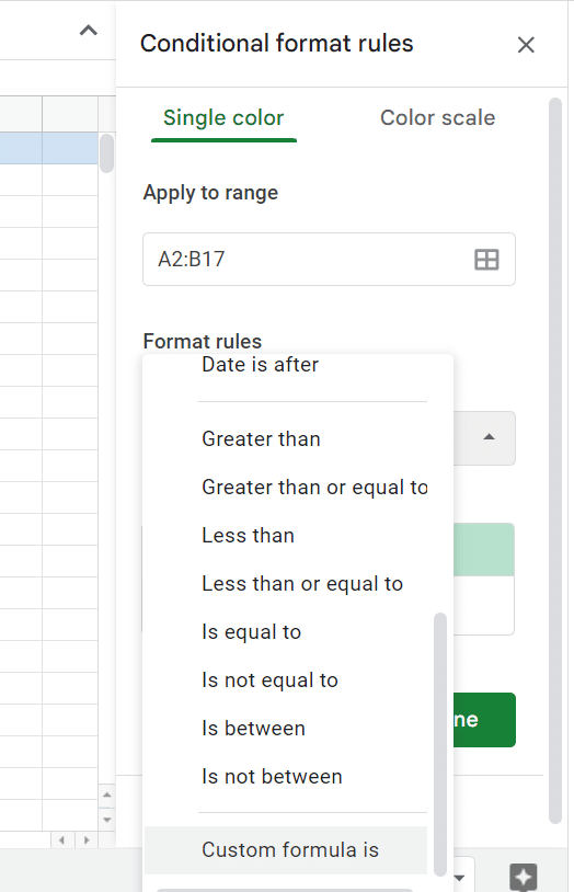 Conditional formatting window with drop down menu to select custom formula.