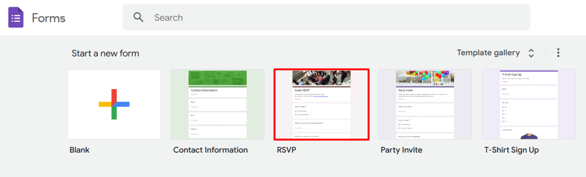 RSVP Google Form—Selecting the RSVP template