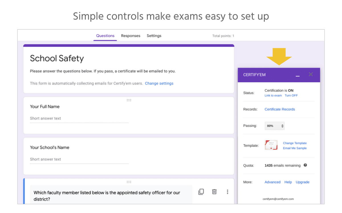 Certify'em extension—screenshot of Certify'em google forms add on