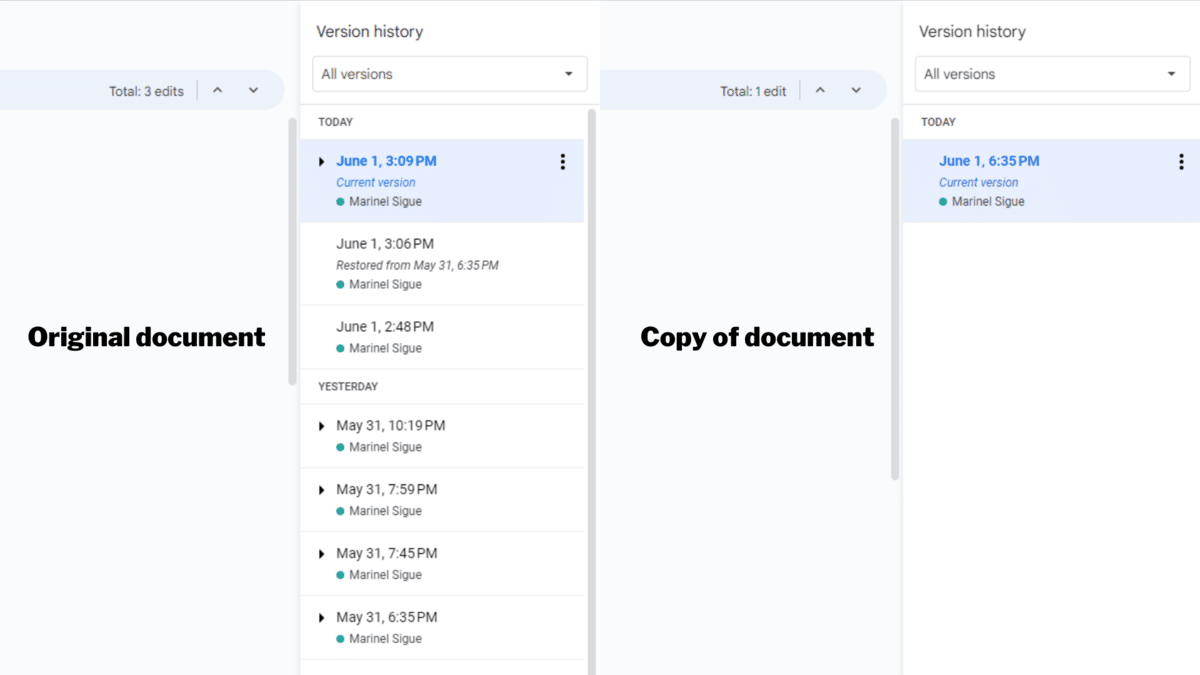 Google Docs version history comparison of original and copy